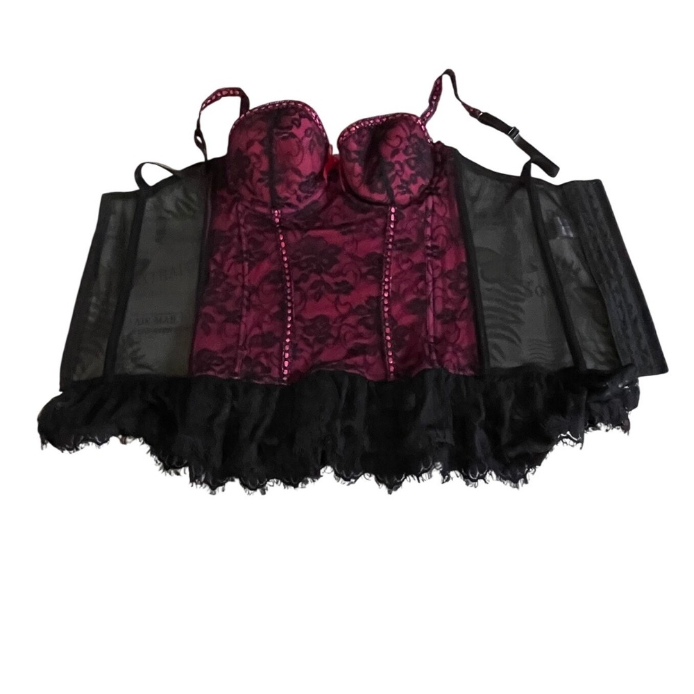 Baci Pink Black Floral Lace Corset Top Underwire Ruffle Hem BLW6016-PNK Womens L - Picture 3 of 7